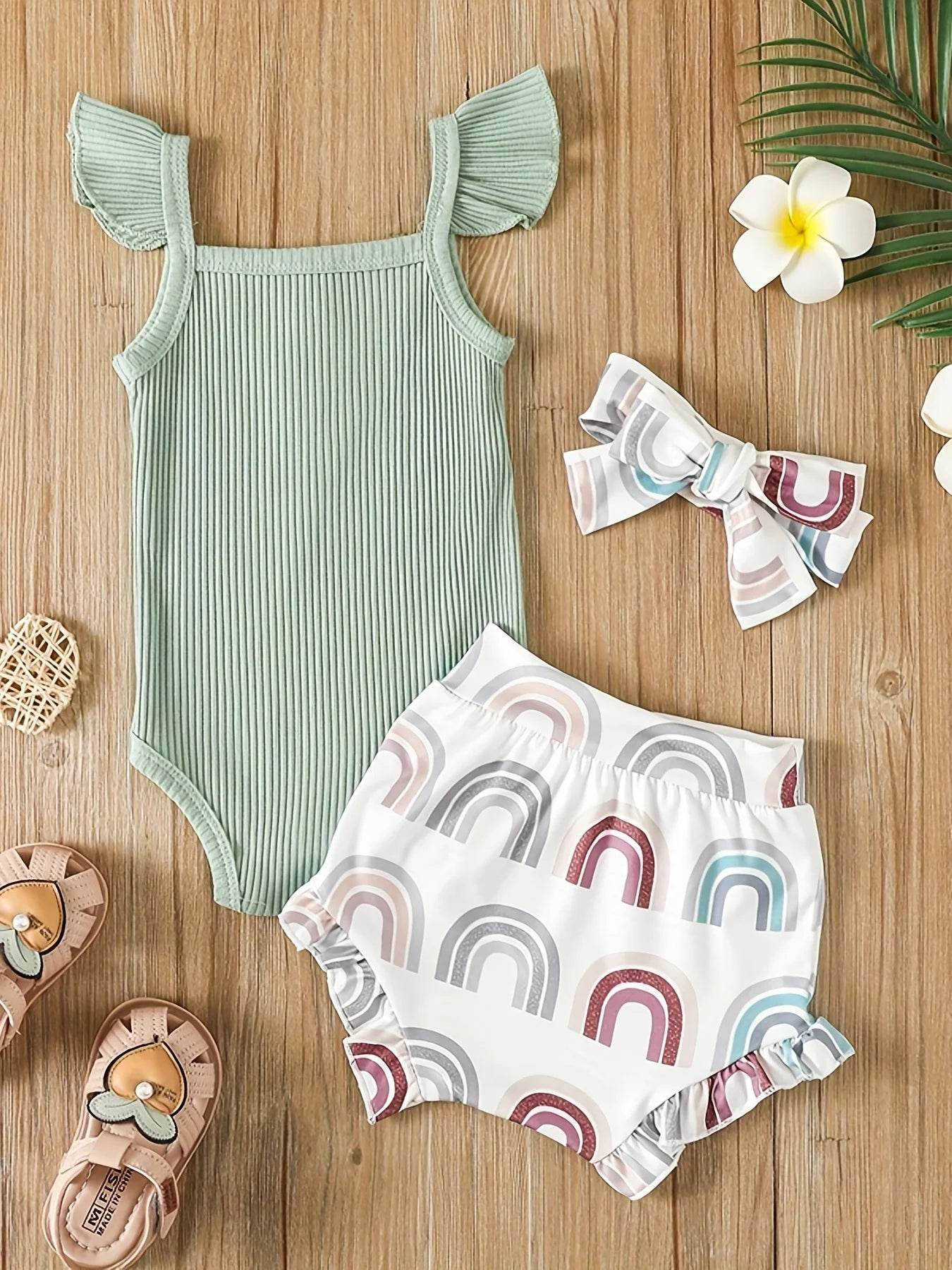 Summer Newborn Baby Girl Clothes Set - Bodysuit, Shorts & Headband - Boys & Bows