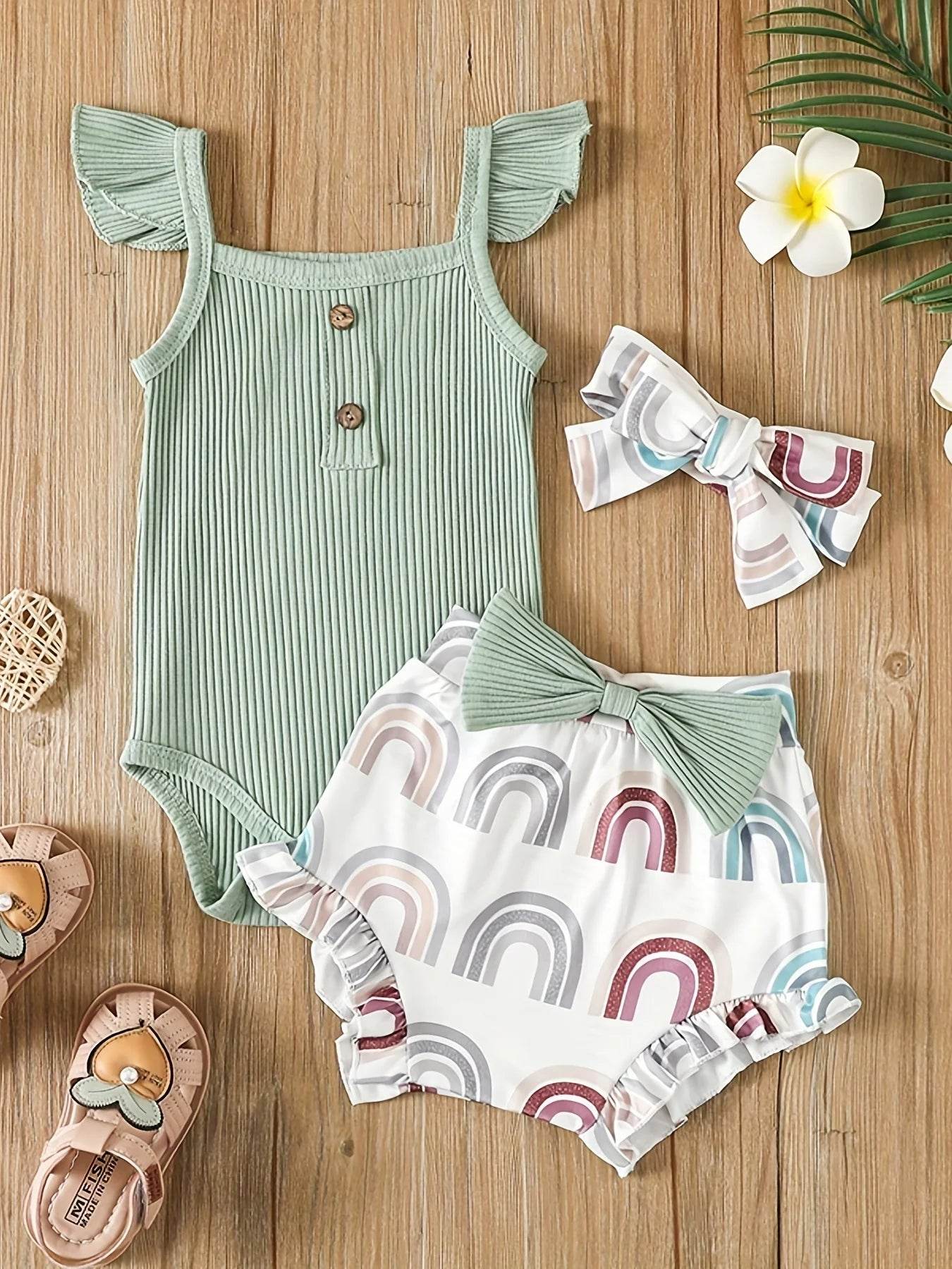 Summer Newborn Baby Girl Clothes Set - Bodysuit, Shorts & Headband - Boys & Bows